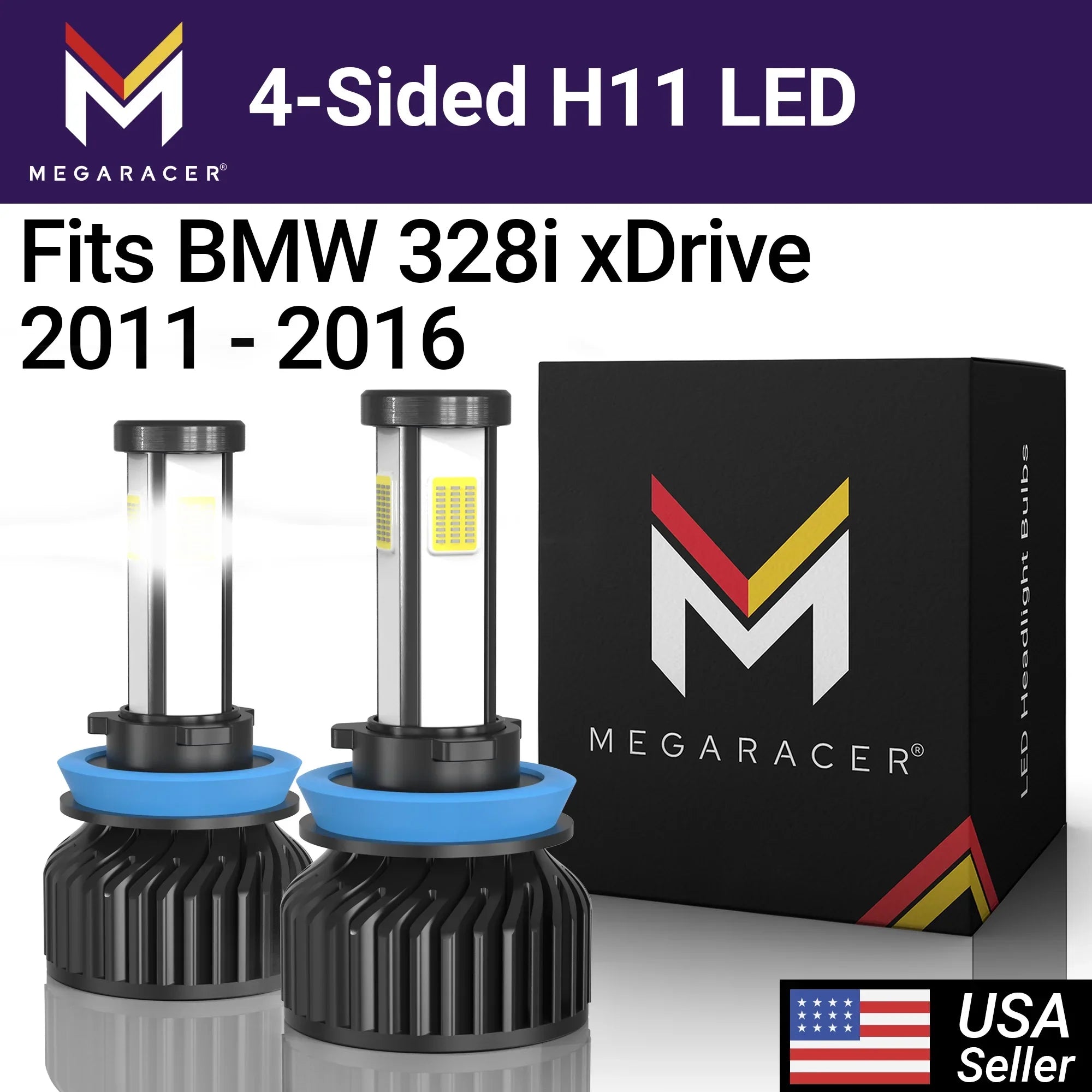 Mega Racer BMW 328i xDrive 4 Sided H11 H9 H8 LED Headlight Bulbs 6000K Diamond White 12V 60W 10000LM BMW 328i xDrive 2011 2012 2013 2014 2015 2016 11 12 13 14 15 16 Fog Light Automotive Replacement