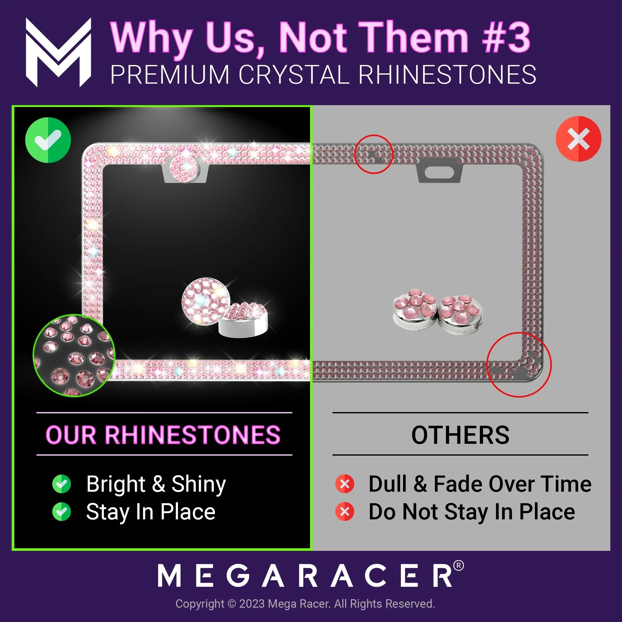 Mega Racer Chrysler PT Cruiser Bling License Plate Frames Diamond Pink Rhinestones, 2 Holes with Mounting Screws, Chrysler PT Cruiser 2001 - 2010 01 - 10 Sparkly Car License Plate Frame