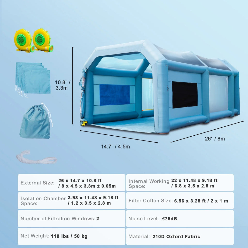 Air-filled Finish Room 26x15x11ft Air-filled Spray Room Car Finish Covering with 750W+950W Filter System Blower