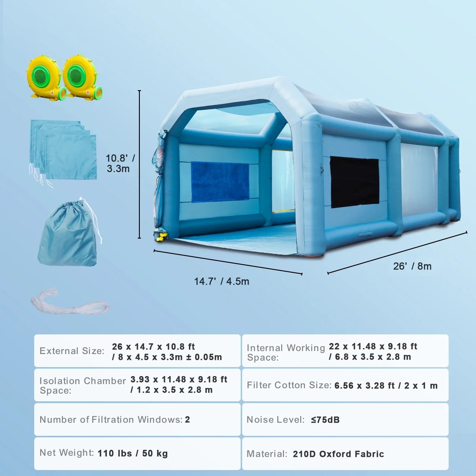 Air-filled Finish Room 26x15x11ft Air-filled Spray Room Car Finish Covering with 750W+950W Filter System Blower