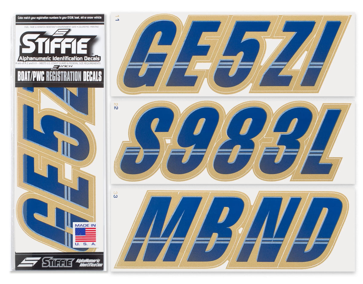 STIFFIE Techtron Navy/Gold 3" Alpha-Numeric Identification Custom Kit Registration Numbers & Letters Marine Stickers Decals for Boats & Personal Watercraft PWC