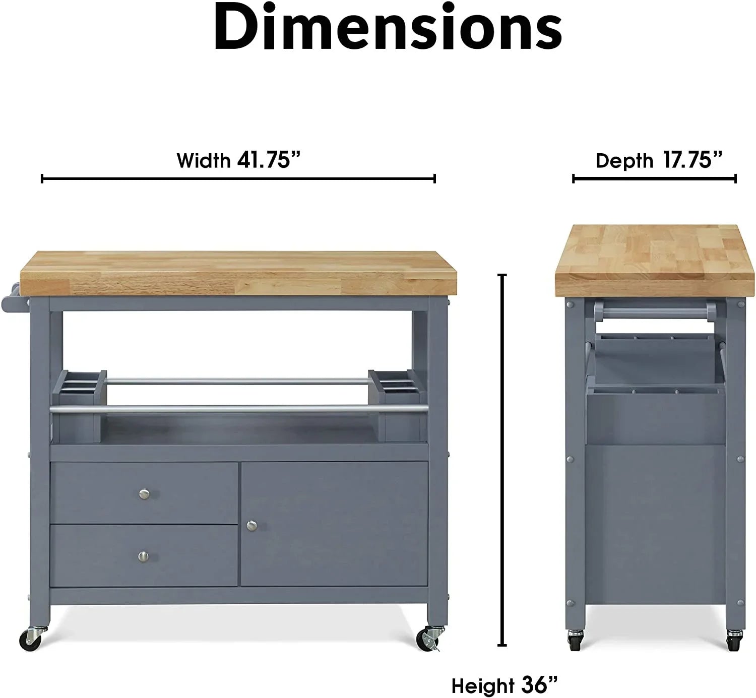 Anson Kitchen Island Bar Cart With Storage, Butcher Block Table, Rolling Wheels And Portable Cabinet Organization For Home Apartment , Gray