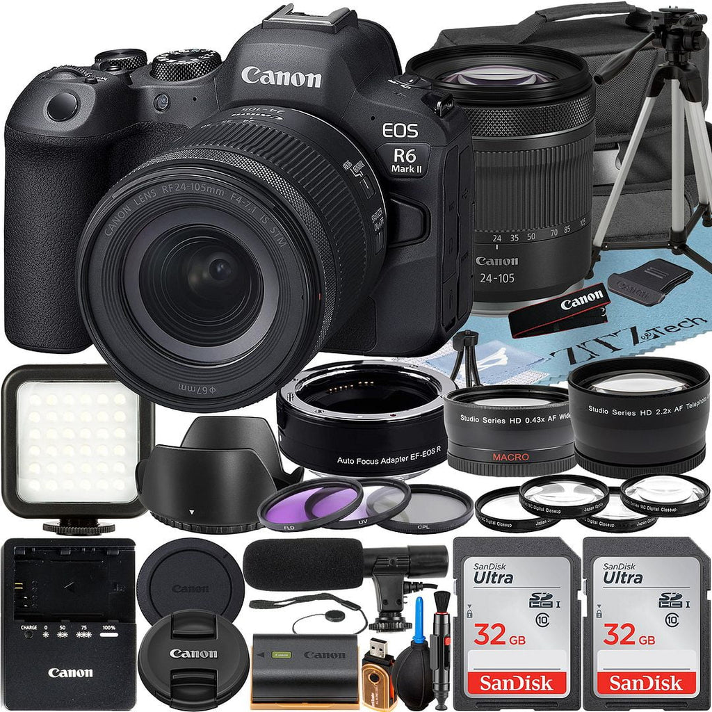 Canon EOS R6 Mark II Mirrorless Camera with RF 24-105mm Lens + Mount Adapter + 2 Pack SanDisk 32GB Memory Card + LED Flash + Case + ZeeTech Accessory