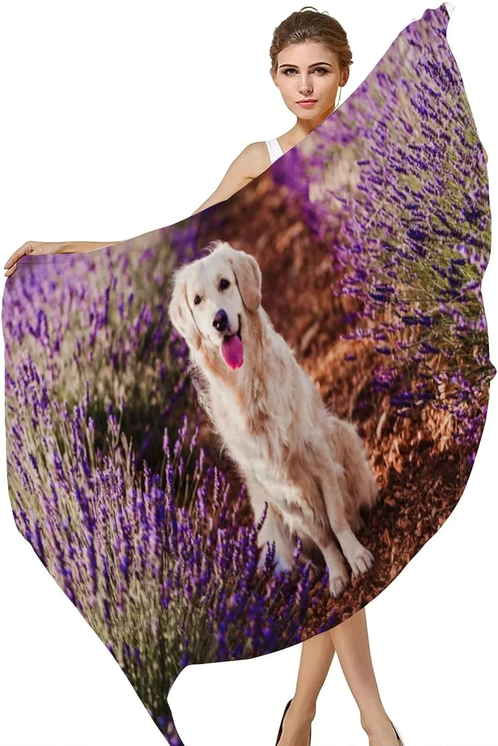Hyjoy Adorable Golden Retriever Dog in Lavender Field Long Silk Neck Scarf Lightweight Shawl Wrap Scarves for Women Girls