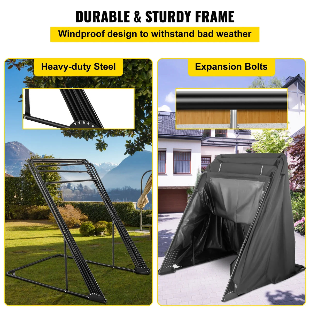 VEVORbrand Waterproof Heavy Duty Motorcycle Shelter Shed, 600D Oxford Motorbike Shed Anti-UV, 106.3"x41.3"x62.9" Shelter Storage Garage Covering with Lock and Weight Bag, Black