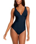 DKNY Womens Ruffle Solid Shirred One Piece Swimsuit