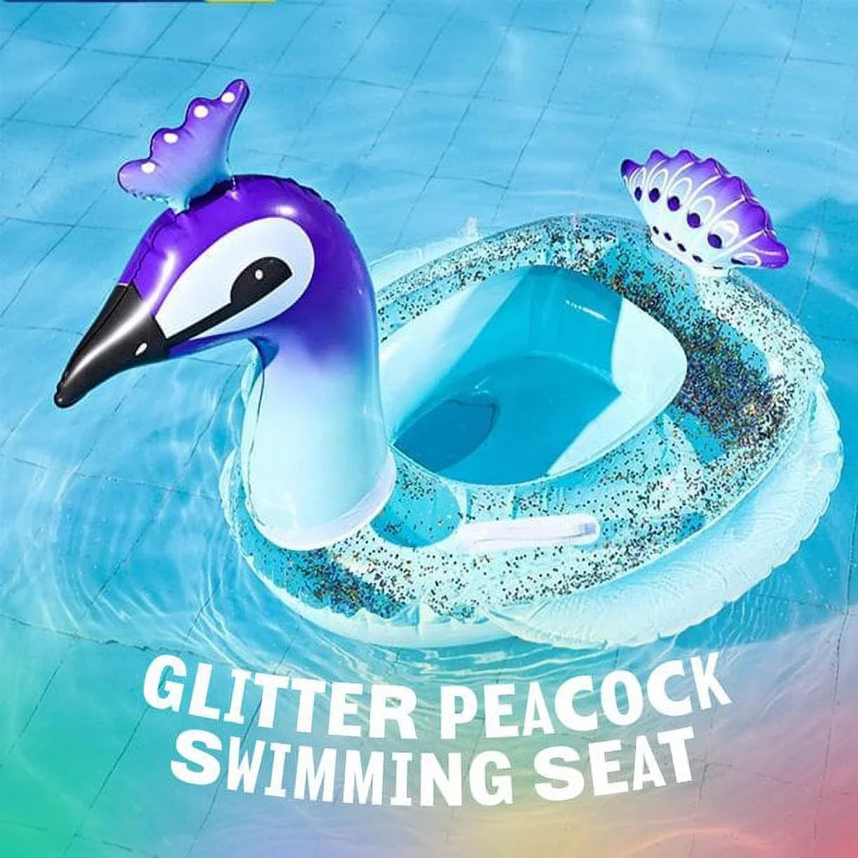 Yayle Blow-up Pool Float Glitter Plastic Tube, Peacock Designed with Fast Valves Lounge Raft Decoration Toys Swim Party Ring Fun Beach Floaties for Kids | 48 Inch