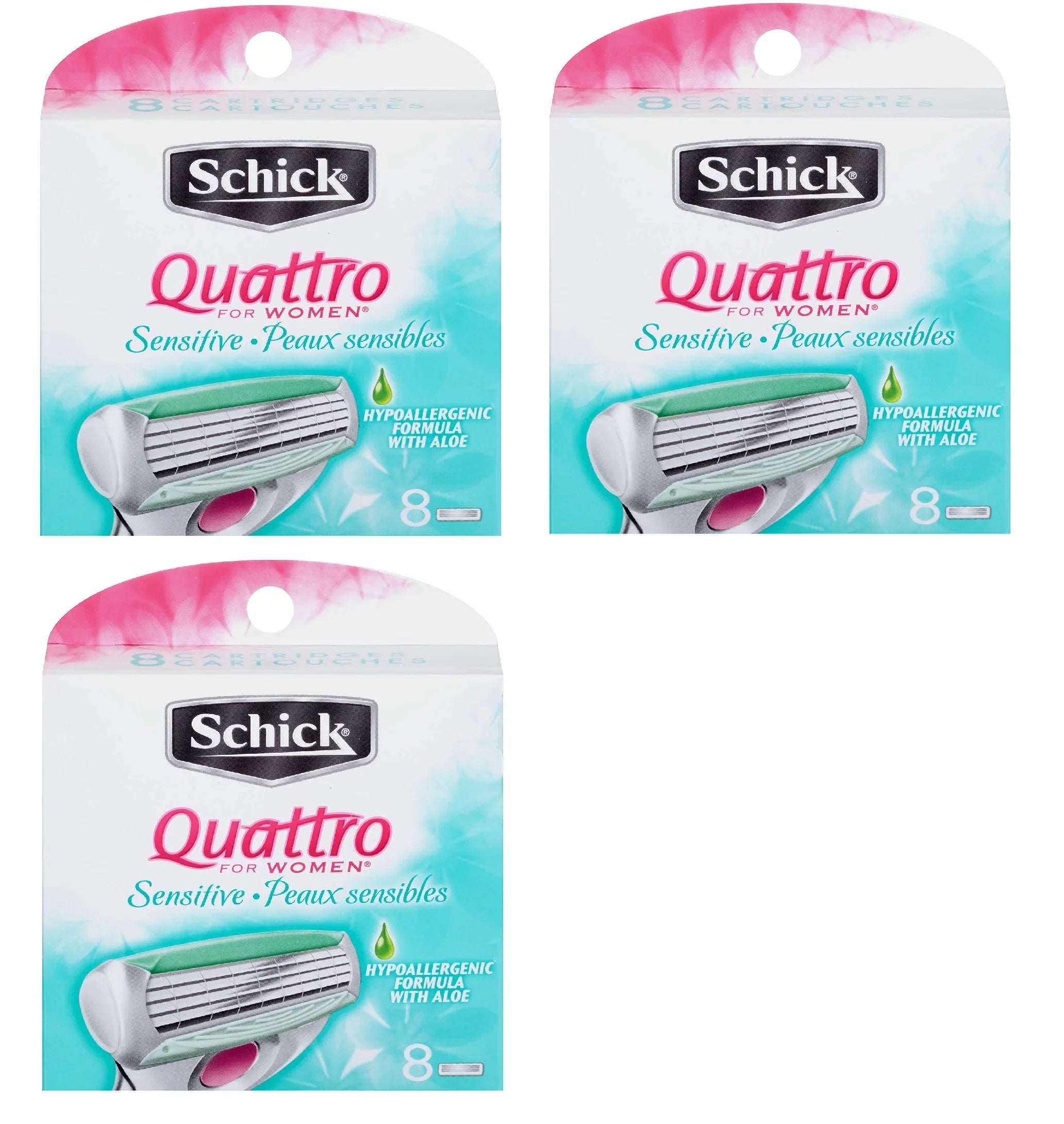 Schick Quattro for Women Sensitive Hypo Allergenic Aloe Refill Blade Cartridges, 8 Count (Pack of 3)