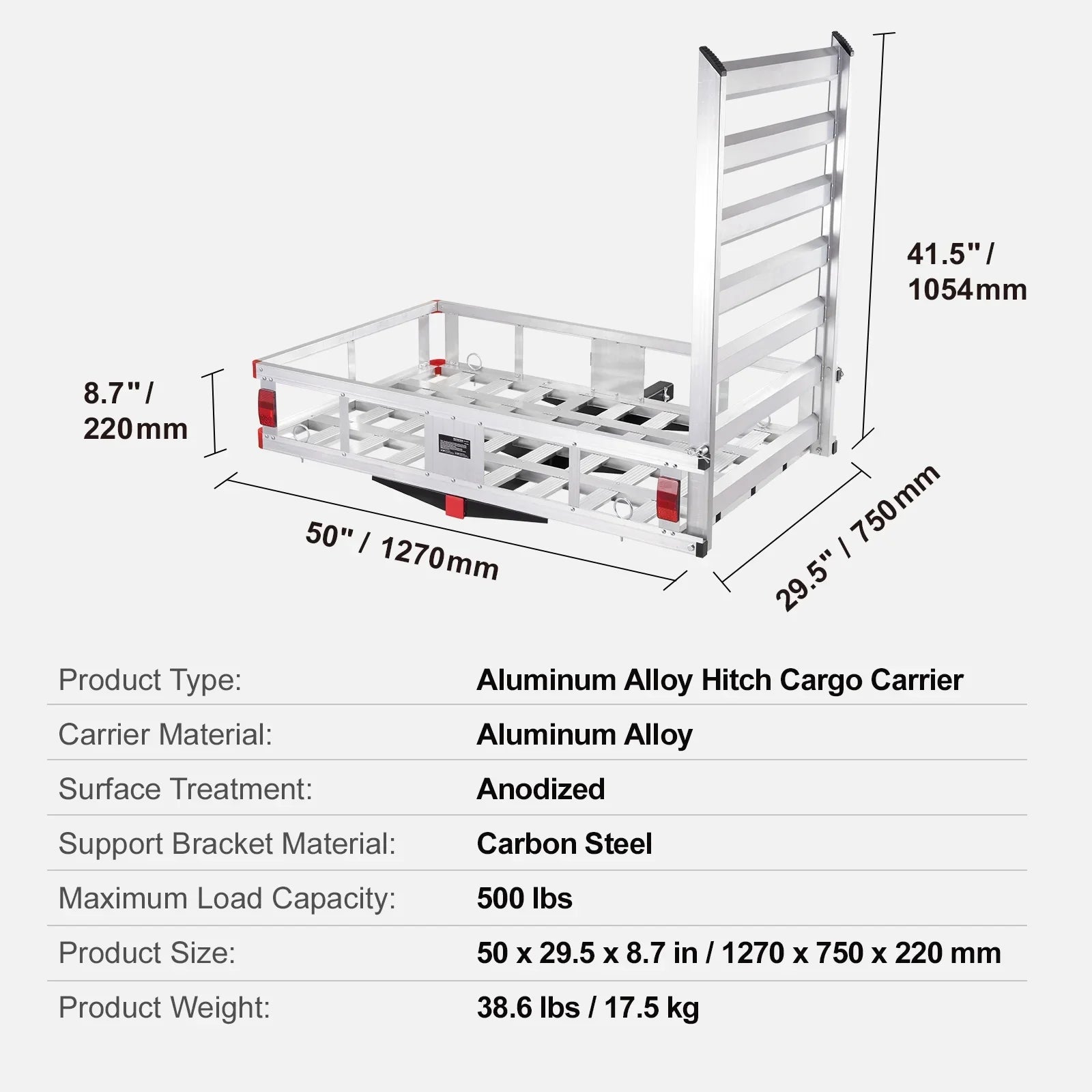Hitch Mount Cargo Carrier 47x28x6 in 500lb and Folding Ramp Fits 2" Receiver