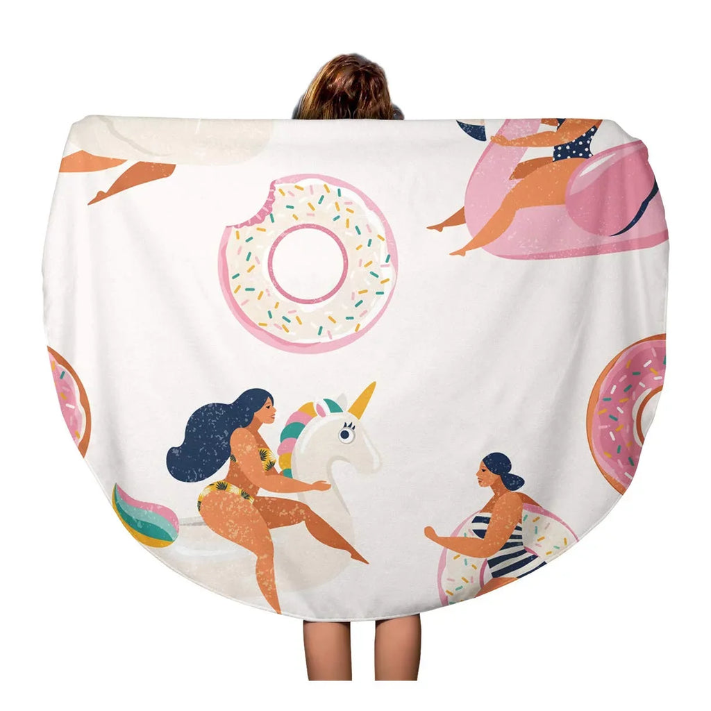 KDAGR 60 inch Round Beach Towel Blanket Flamingo Unicorn Swan and Sweet Donut Inflated Swimming Pool Travel Circle Circular Towels Mat Tapestry Beach Throw