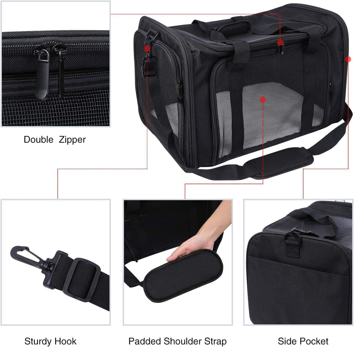 Lineslife Dog Carrier Bag for Medium Dogs 25 lbs, Collapsible Large Pet Cat Carrier Bag for Medium Cats or 2 Small Cats Puppy Car Traveling, Black