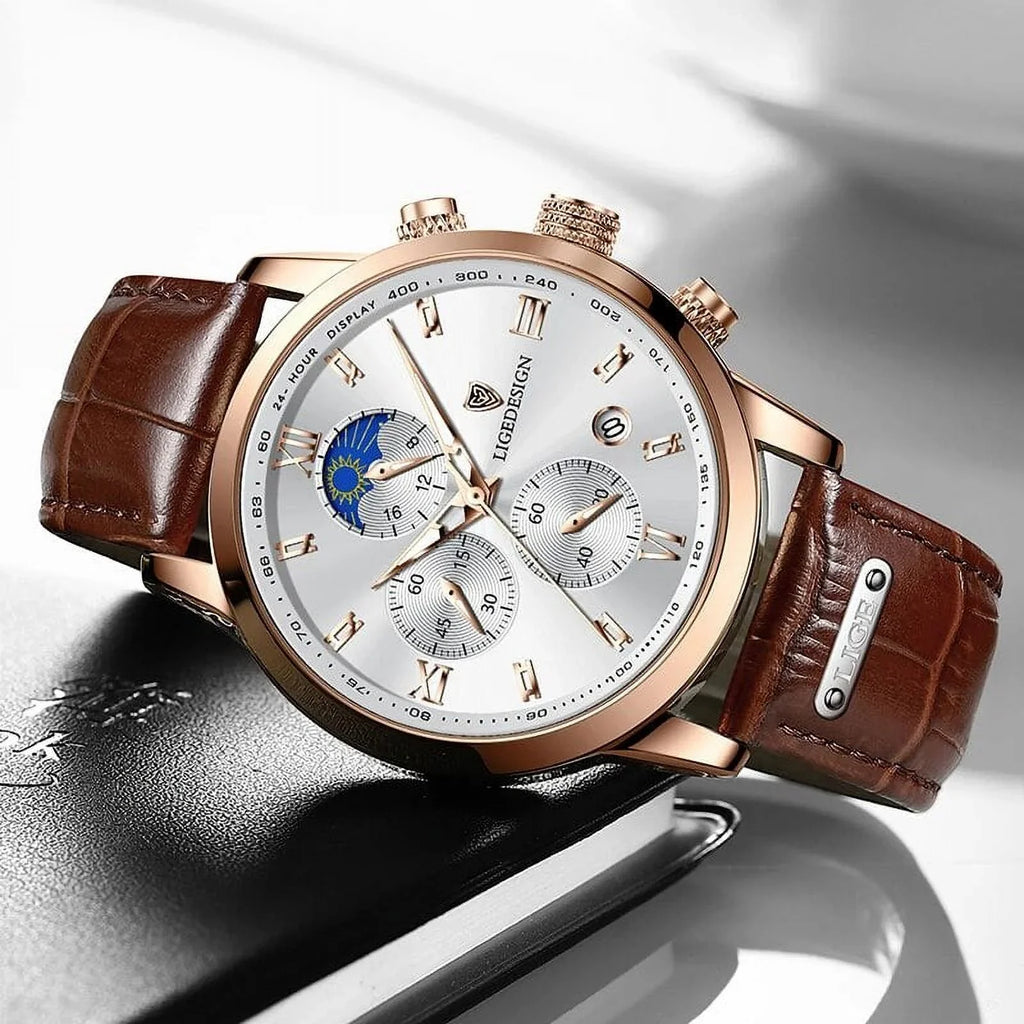 Relogio Masculino Business Mens Watches Brand Luxury Leather Waterproof Sport Quartz Chronograph Military Watch Men Clock Silver White