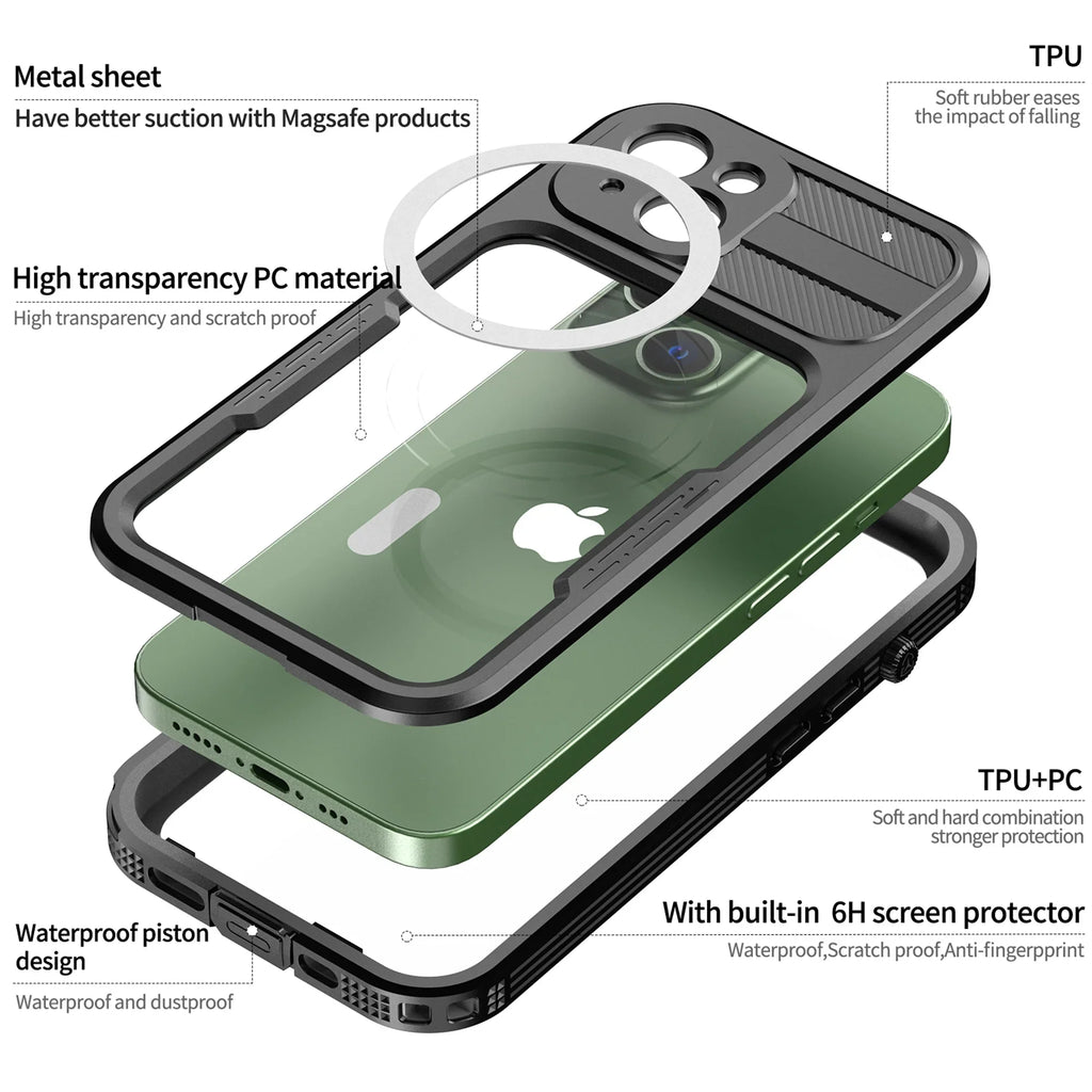 for iPhone 14 Case Magsafe, Waterproof with Built in Screen Protector, Heavy Duty Protective Cover Phone Case iPhone 14 6.1 inch for Women/Men, Black