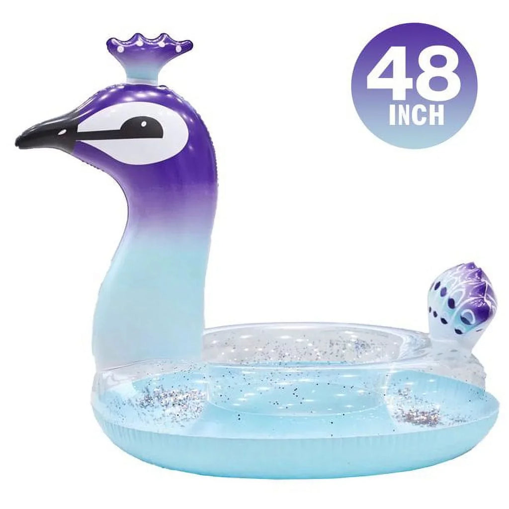 Yayle Blow-up Pool Float Glitter Plastic Tube, Peacock Designed with Fast Valves Lounge Raft Decoration Toys Swim Party Ring Fun Beach Floaties for Kids | 48 Inch