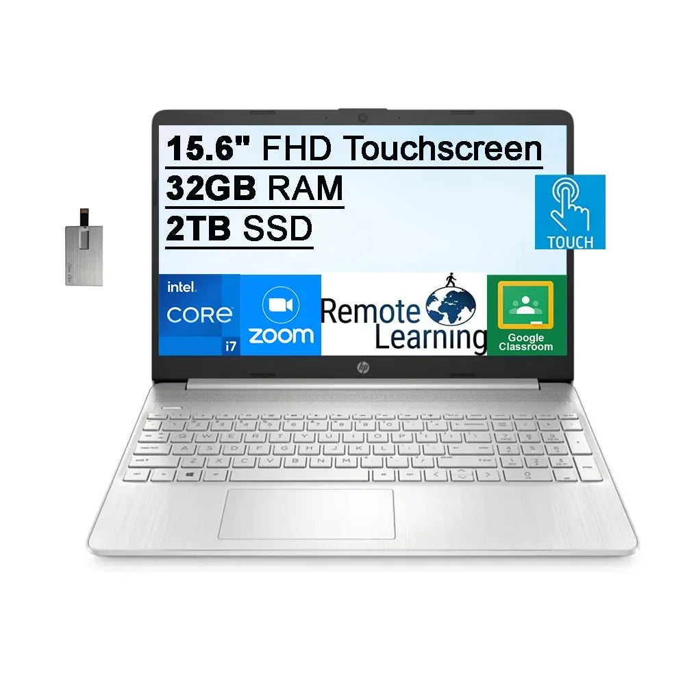 2021 15.6" FHD IPS Touchscreen Laptop Computer, Intel Core i7-1165G7 (Beats i7-1065g7), 32GB RAM, 2TB SSD, Intel Iris Xe Graphics, HD Webcam, HD Audio, Windows 11 S, Silver, 32GB SnowBell USB Card