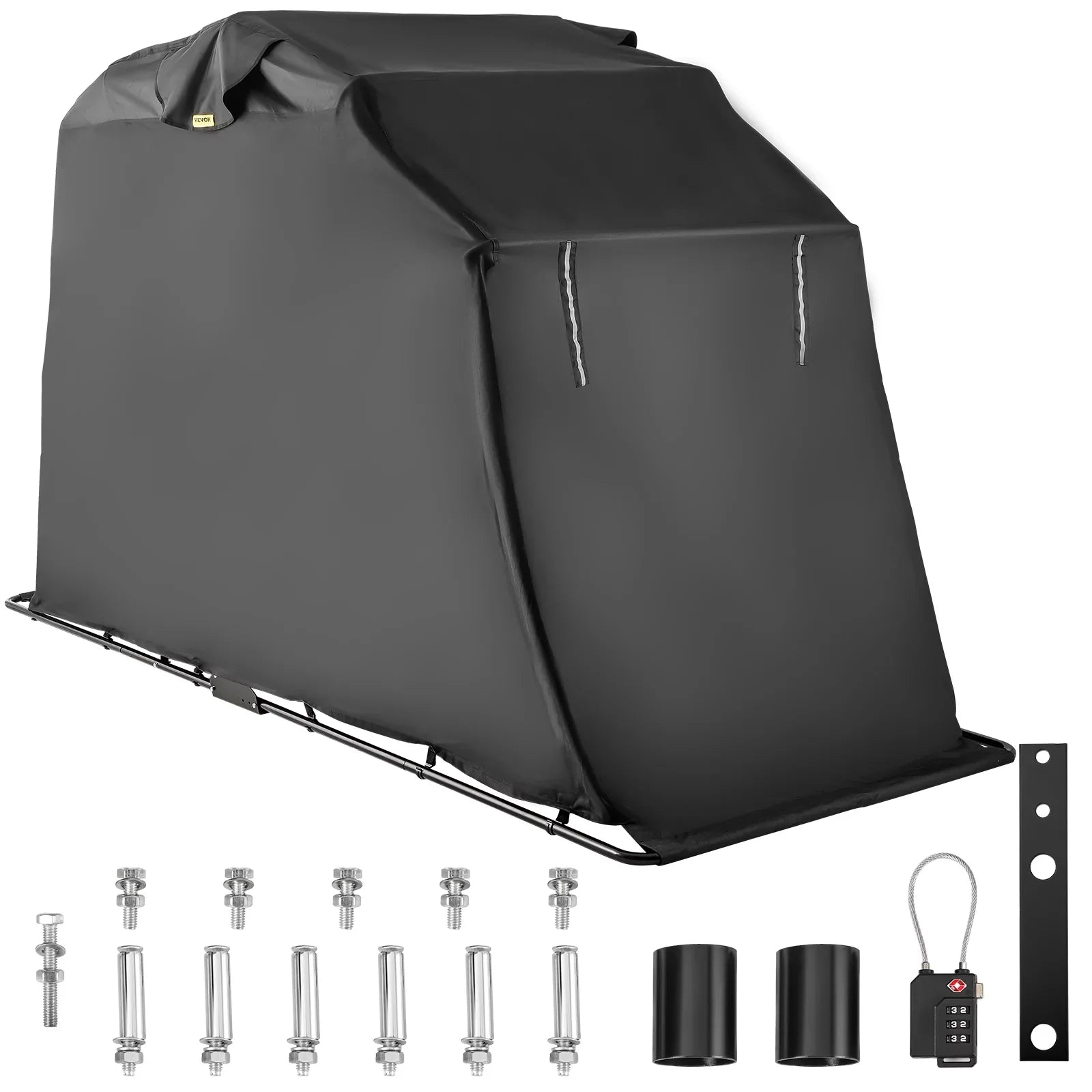 VEVORbrand Waterproof Heavy Duty Motorcycle Shelter Shed, 600D Oxford Motorbike Shed Anti-UV, 106.3"x41.3"x62.9" Shelter Storage Garage Covering with Lock and Weight Bag, Black