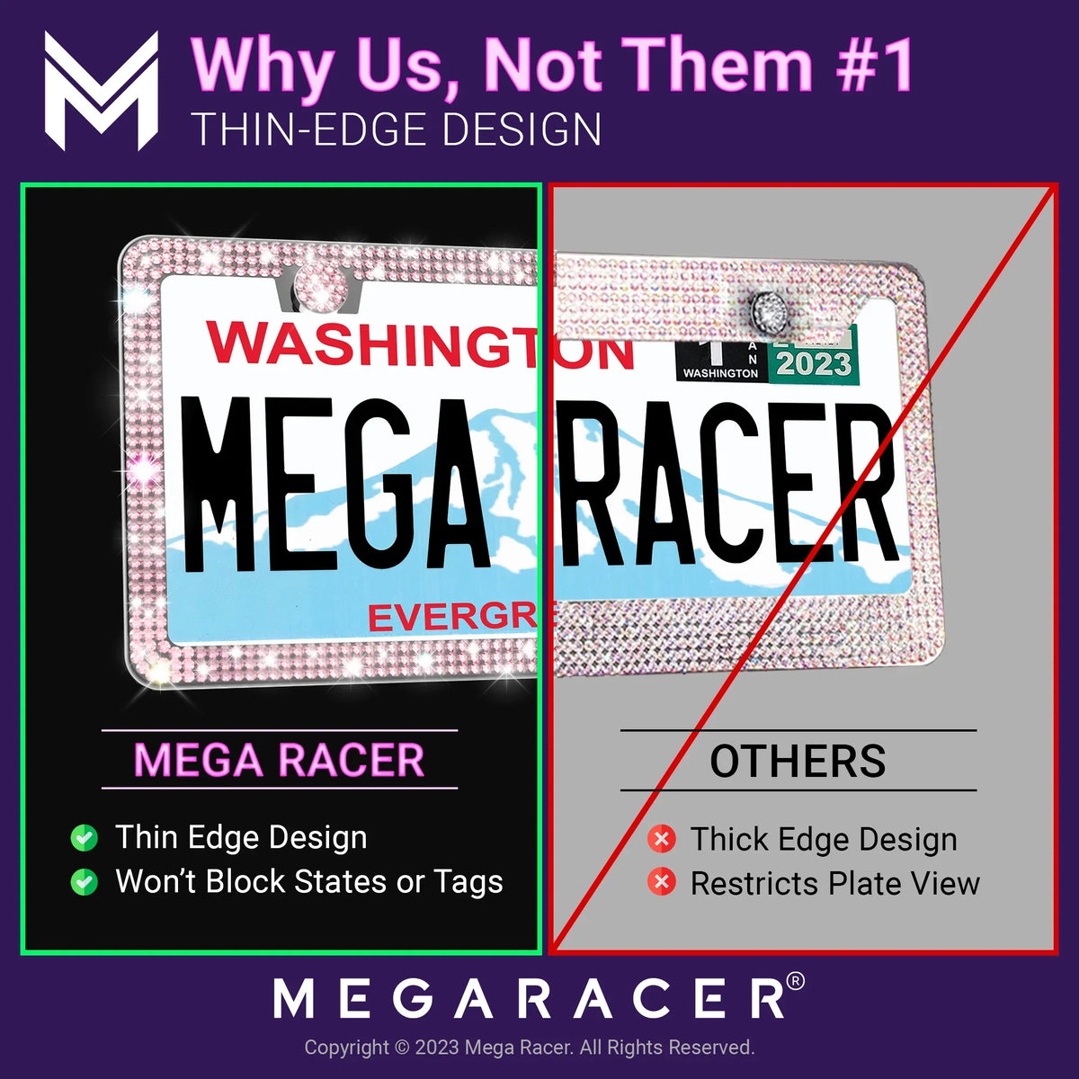 Mega Racer Chrysler PT Cruiser Bling License Plate Frames Diamond Pink Rhinestones, 2 Holes with Mounting Screws, Chrysler PT Cruiser 2001 - 2010 01 - 10 Sparkly Car License Plate Frame