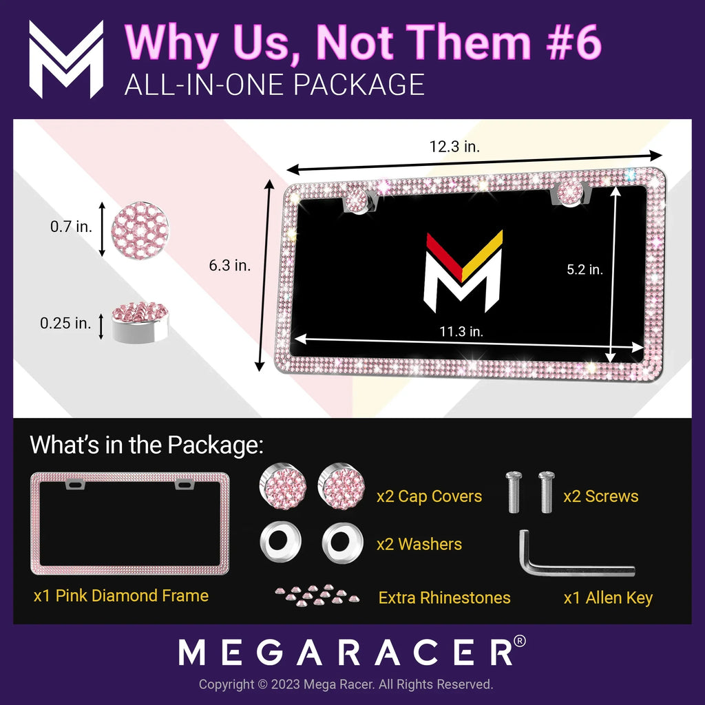 Mega Racer Chrysler PT Cruiser Bling License Plate Frames Diamond Pink Rhinestones, 2 Holes with Mounting Screws, Chrysler PT Cruiser 2001 - 2010 01 - 10 Sparkly Car License Plate Frame