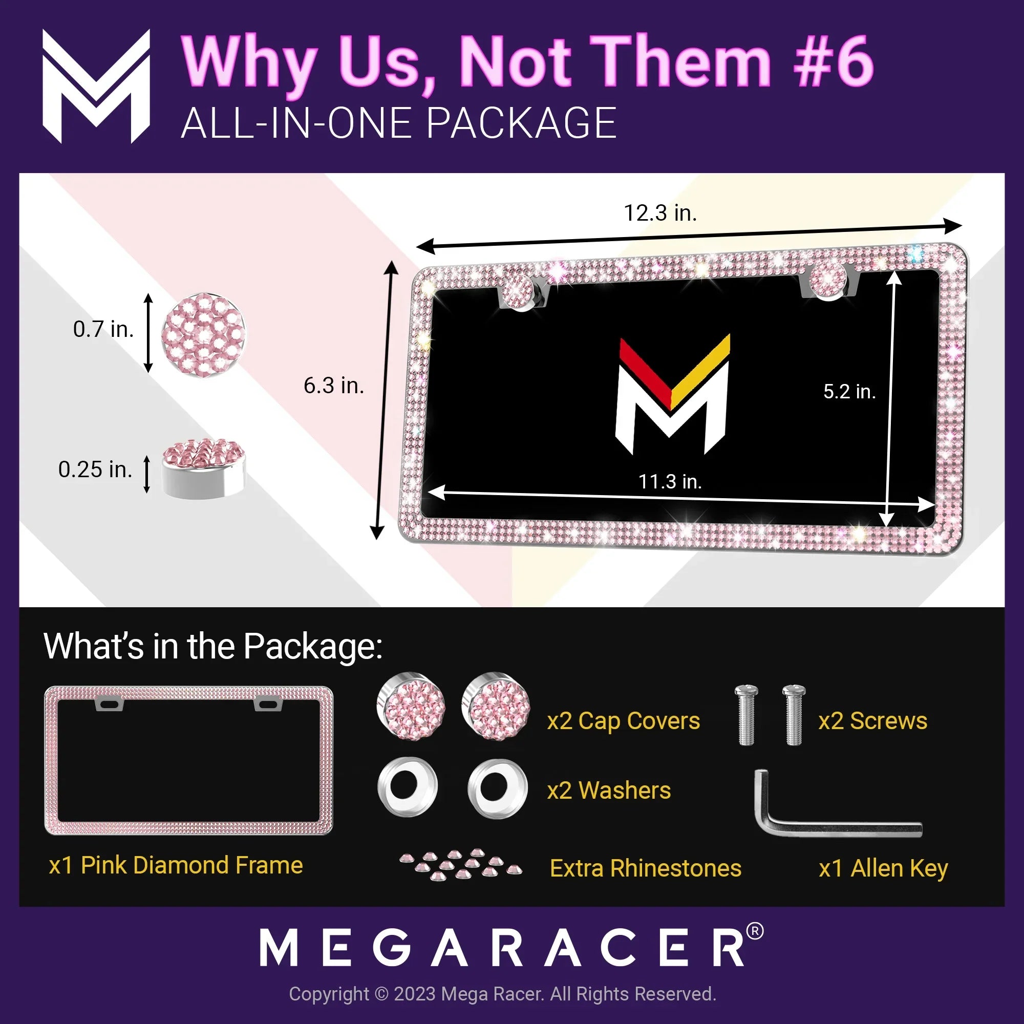 Mega Racer Chrysler PT Cruiser Bling License Plate Frames Diamond Pink Rhinestones, 2 Holes with Mounting Screws, Chrysler PT Cruiser 2001 - 2010 01 - 10 Sparkly Car License Plate Frame