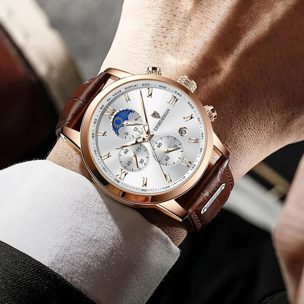 Relogio Masculino Business Mens Watches Brand Luxury Leather Waterproof Sport Quartz Chronograph Military Watch Men Clock Silver White