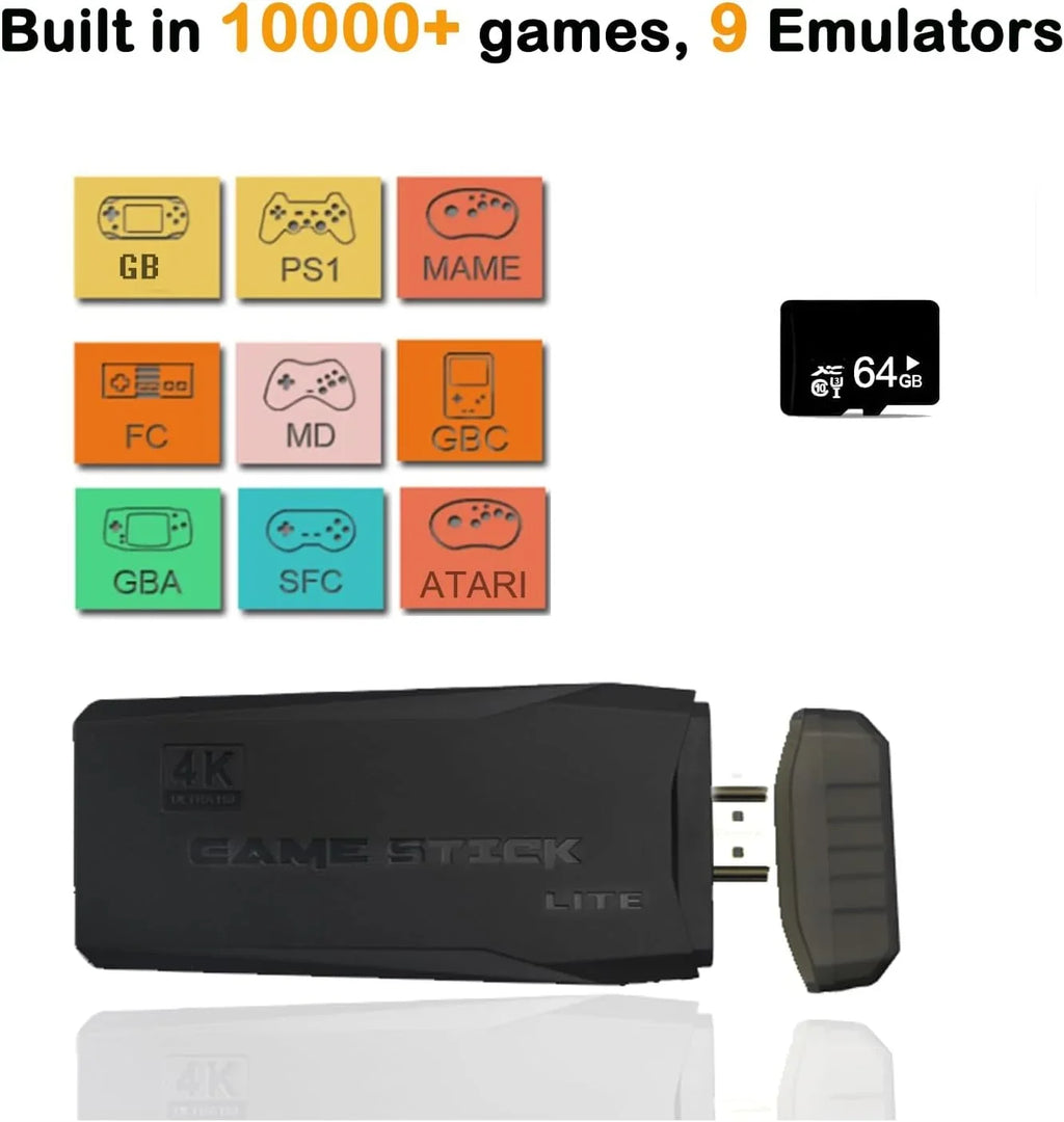 Wireless Retro Game Console, Plug and Play Video Game Stick Built in 10000+ Games,9 Classic Emulators, 4K High Definition HDMI Output for TV with Dual 2.4G Wireless Controllers