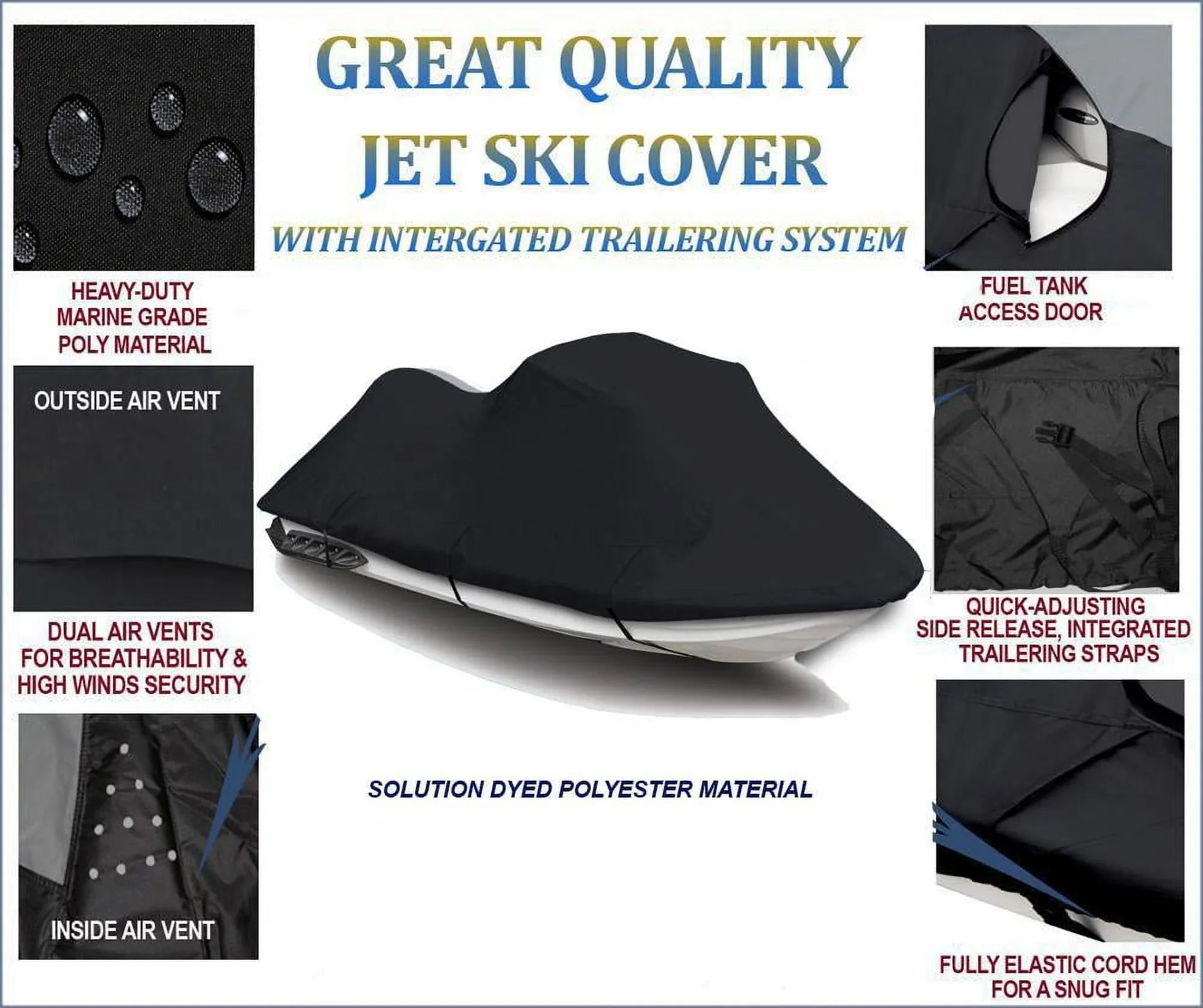 BLACK 600 DENIER JetSki Cover Compatible for JET SKI COVER Kawasaki STX-15F 2018 2019 2020