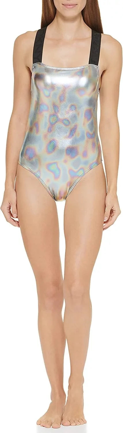 DKNY SILVER Metallic Crisscross One-Piece Swimsuit, US Medium