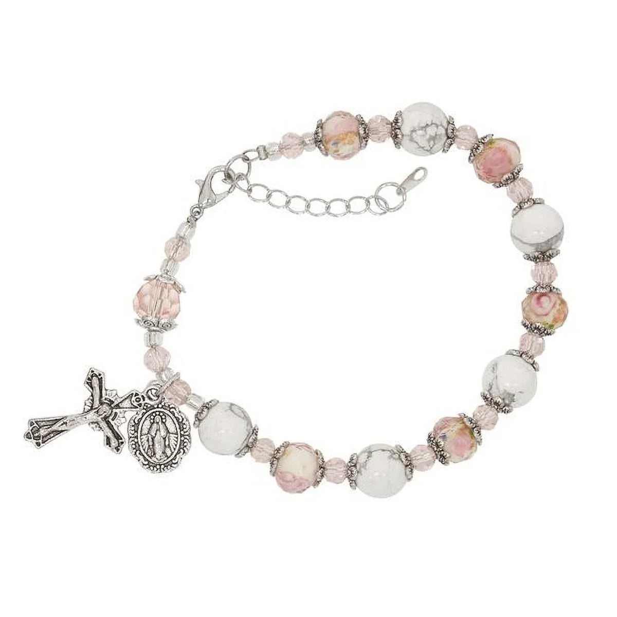 Mcvan BR358 7-8.5 in. Pink Flower & White Stone Beads Bracelet with Adjustable Links