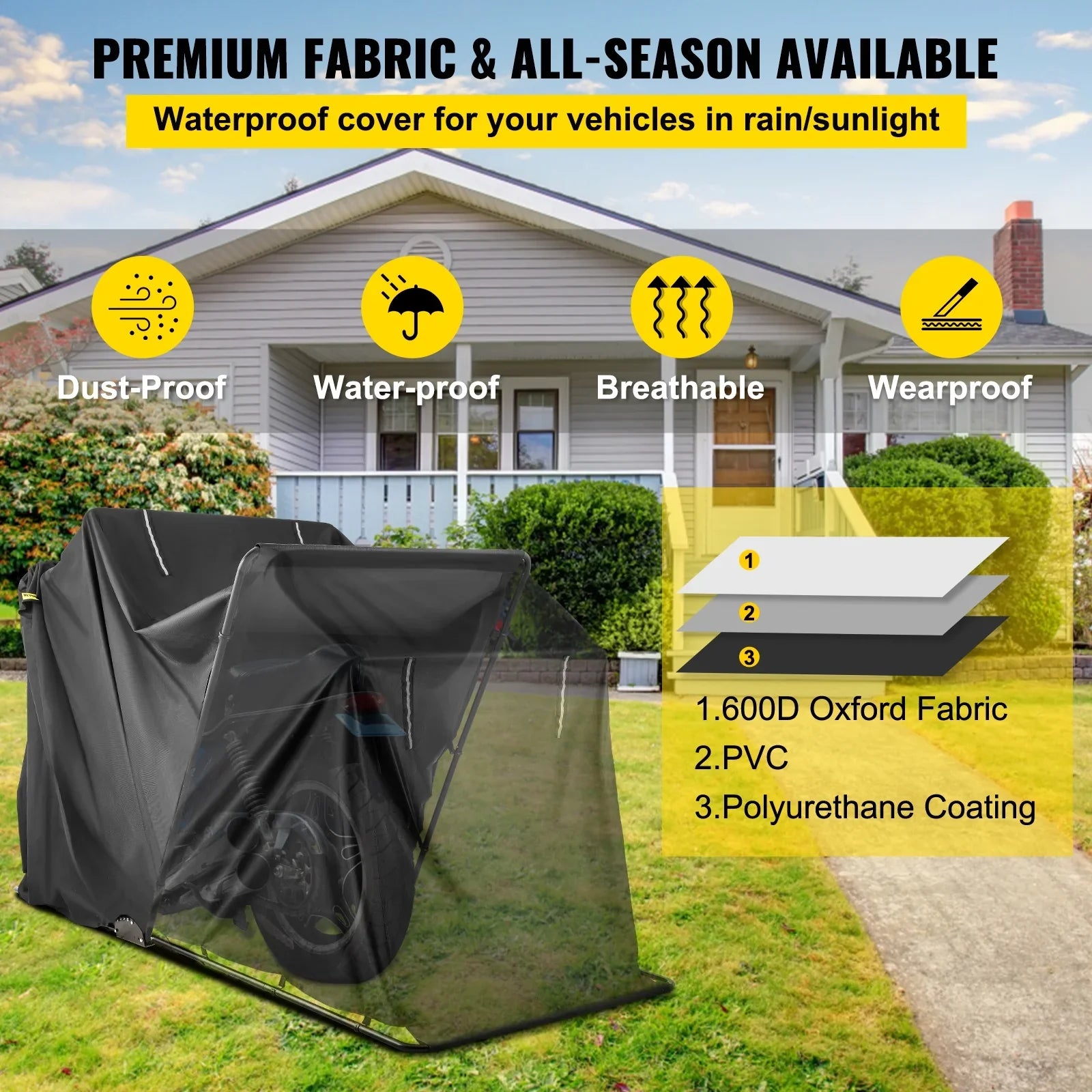 VEVORbrand Waterproof Heavy Duty Motorcycle Shelter Shed, 600D Oxford Motorbike Shed Anti-UV, 106.3"x41.3"x62.9" Shelter Storage Garage Covering with Lock and Weight Bag, Black