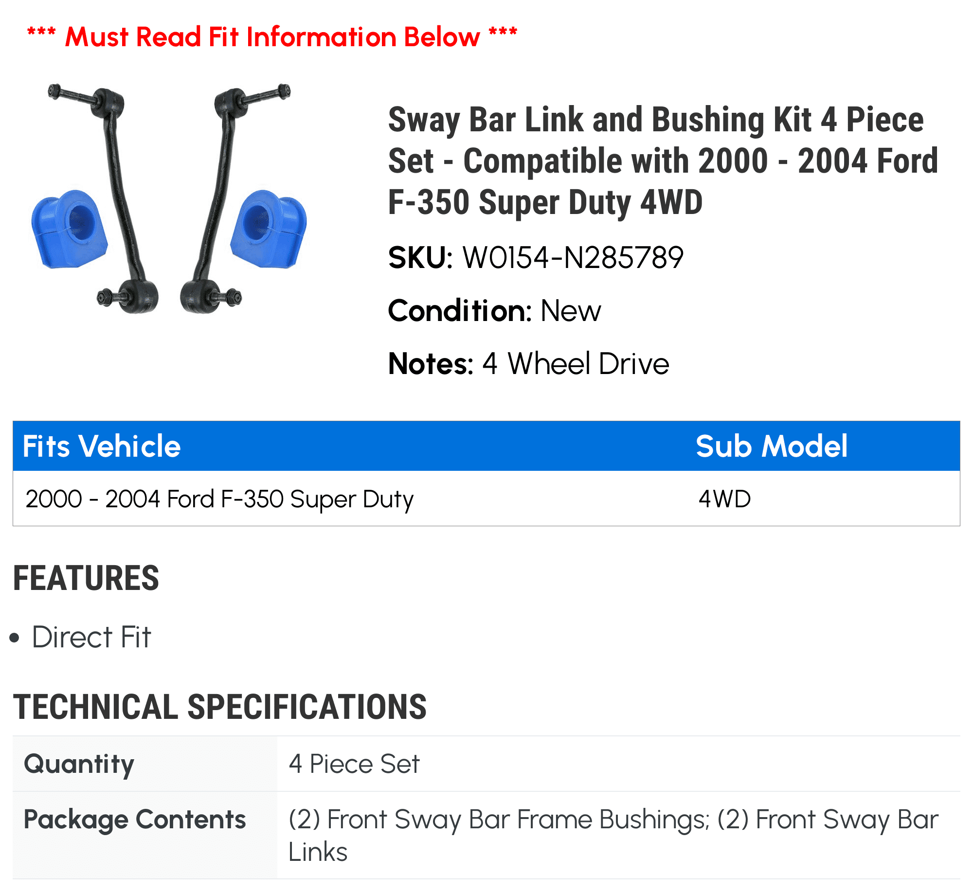 Sway Bar Link and Bushing Kit 4 Piece Set - Compatible with 2000 - 2004 Ford F-350 Super Duty 4WD 2001 2002 2003