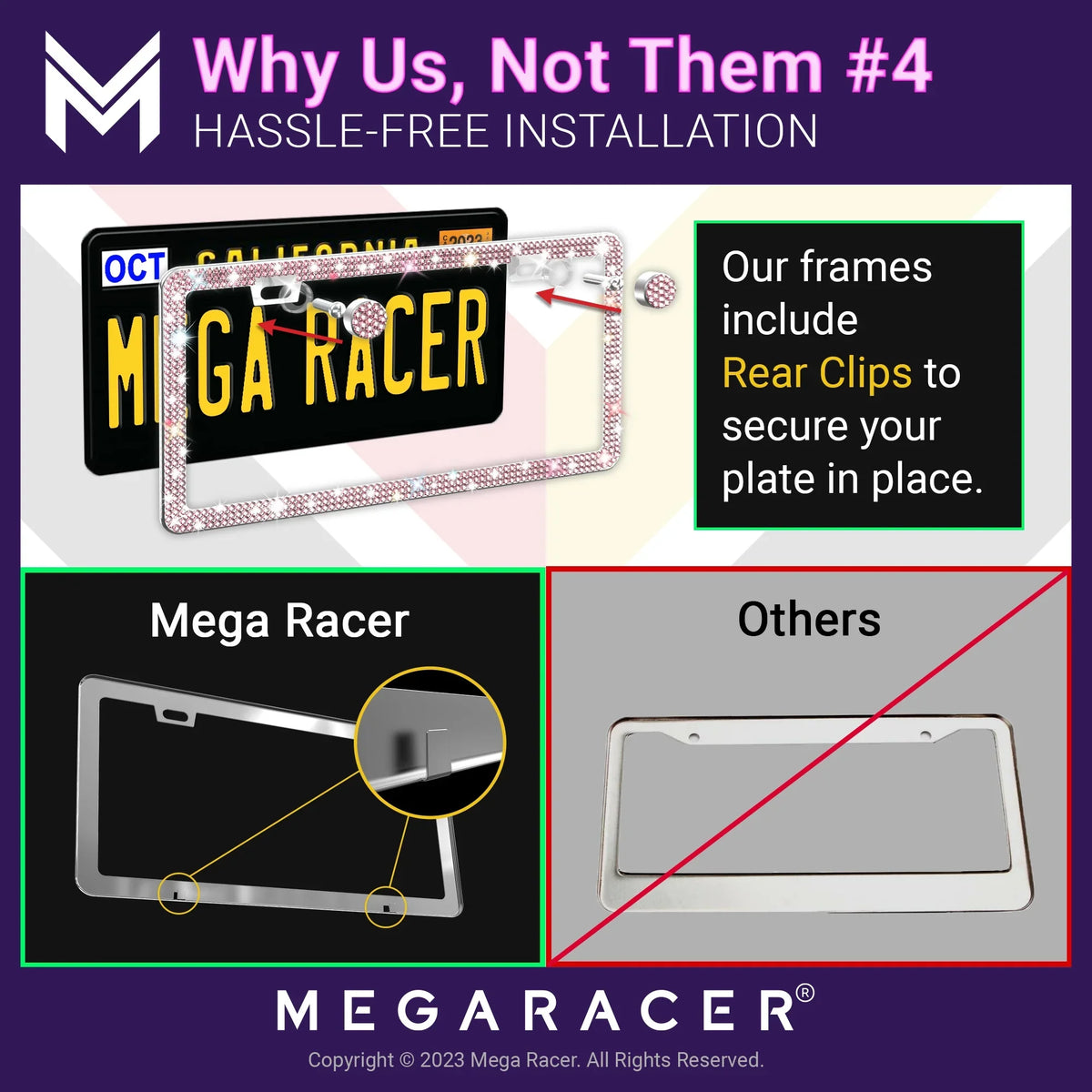 Mega Racer Chrysler PT Cruiser Bling License Plate Frames Diamond Pink Rhinestones, 2 Holes with Mounting Screws, Chrysler PT Cruiser 2001 - 2010 01 - 10 Sparkly Car License Plate Frame
