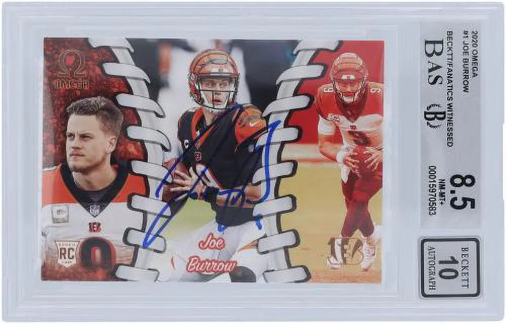 Joe Burrow Cincinnati Bengals Autographed 2020 Panini Omega #0-1 Beckett Fanatics Witnessed Authenticated 8.5/10 Rookie Card - 9.5,8.5,8.5,9.5 Subgrades - Fanatics Authentic Certified