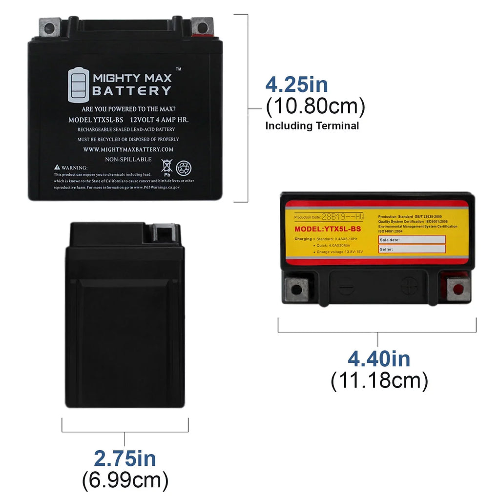 YTX5L-BS 12V 4AH Battery Replaces Kymco Super 9 - 50 2000 - 4 Pack