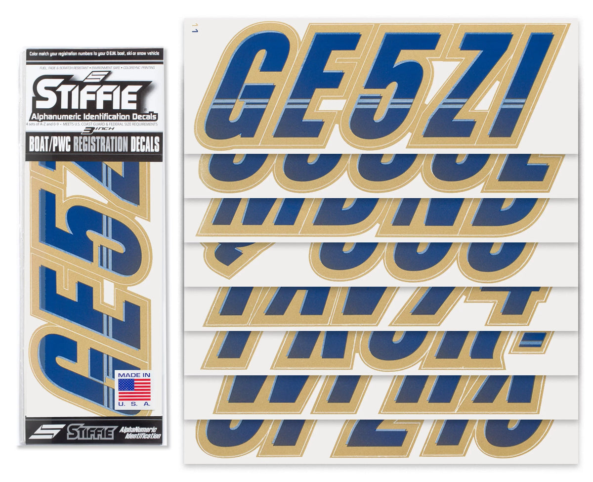 STIFFIE Techtron Navy/Gold 3" Alpha-Numeric Identification Custom Kit Registration Numbers & Letters Marine Stickers Decals for Boats & Personal Watercraft PWC