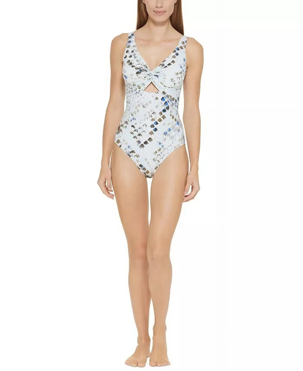 DKNY SPLASH MULTI Twist-Front Cutout One-Piece Swimsuit , US 8