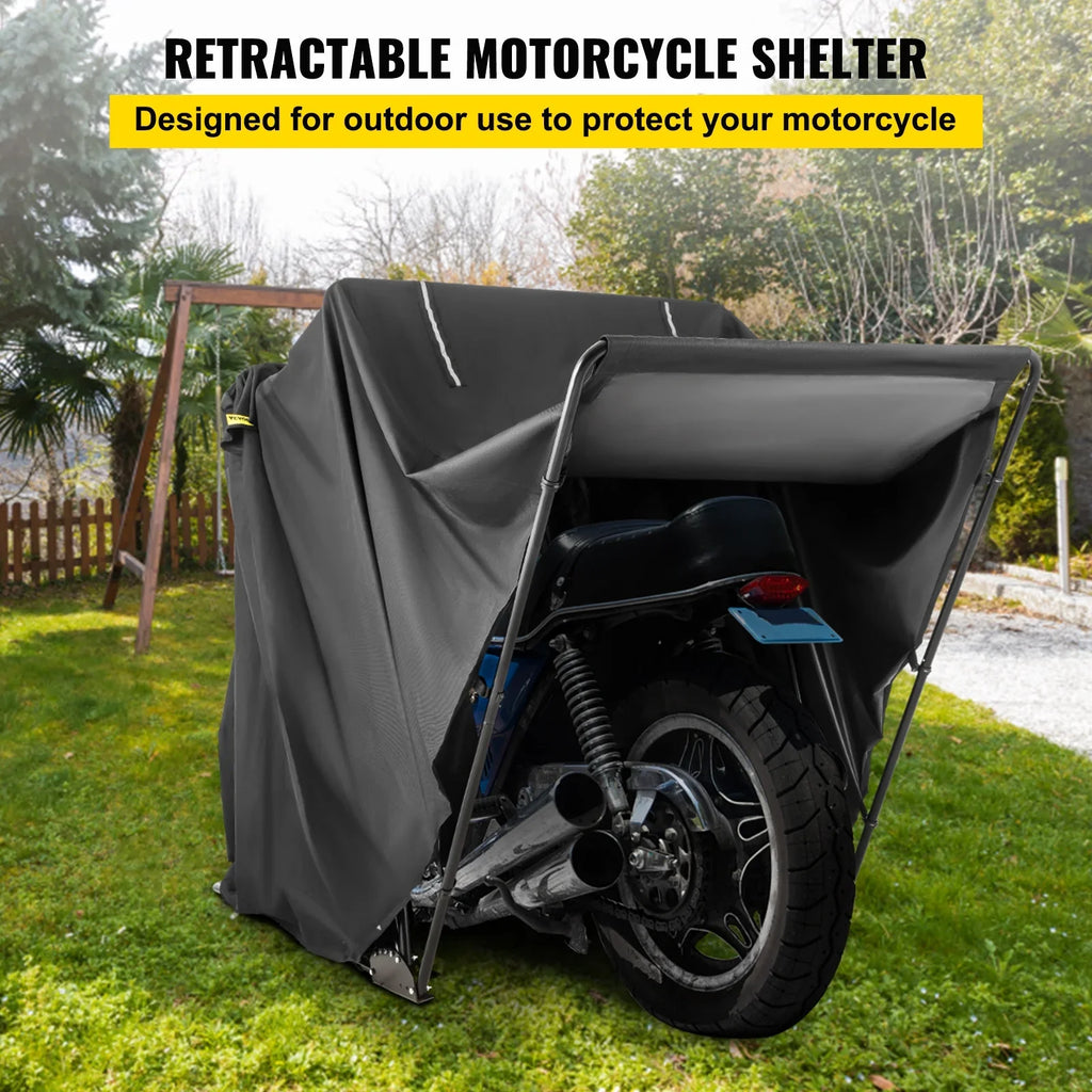 VEVORbrand Waterproof Heavy Duty Motorcycle Shelter Shed, 600D Oxford Motorbike Shed Anti-UV, 106.3"x41.3"x62.9" Shelter Storage Garage Covering with Lock and Weight Bag, Black