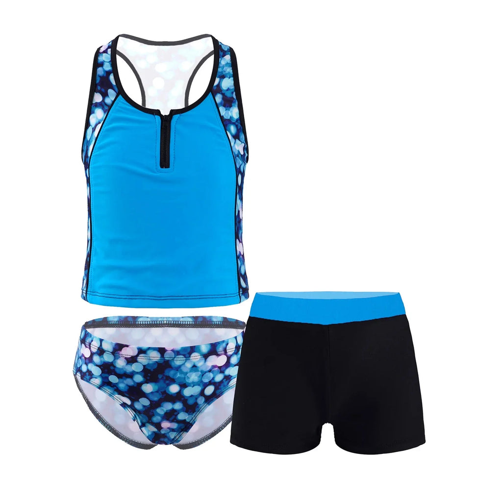 INHZOY 3 Pieces Girls Tankini Swimsuit Set Summer Bathing Suit Floral Hawaii Beach Swimwear,Sizes 4-16 Blue 8