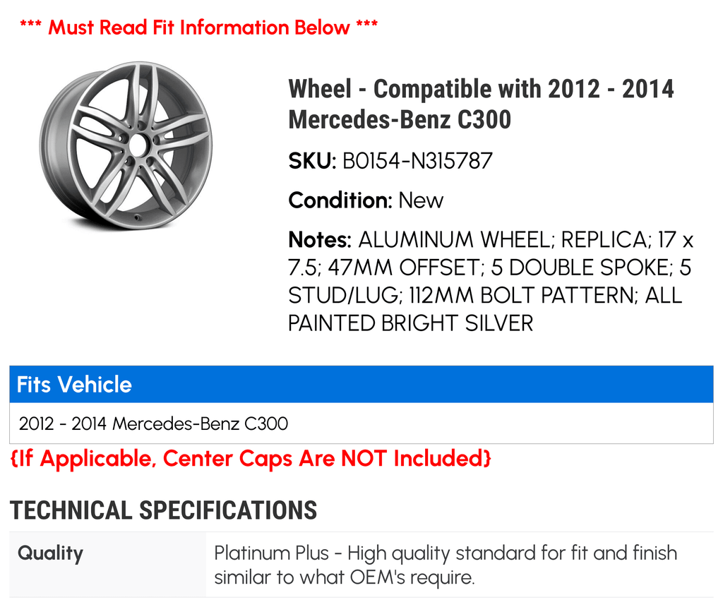 Wheel - Compatible with 2012 - 2014 Mercedes-Benz C300 2013