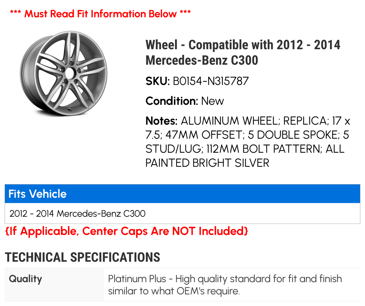 Wheel - Compatible with 2012 - 2014 Mercedes-Benz C300 2013