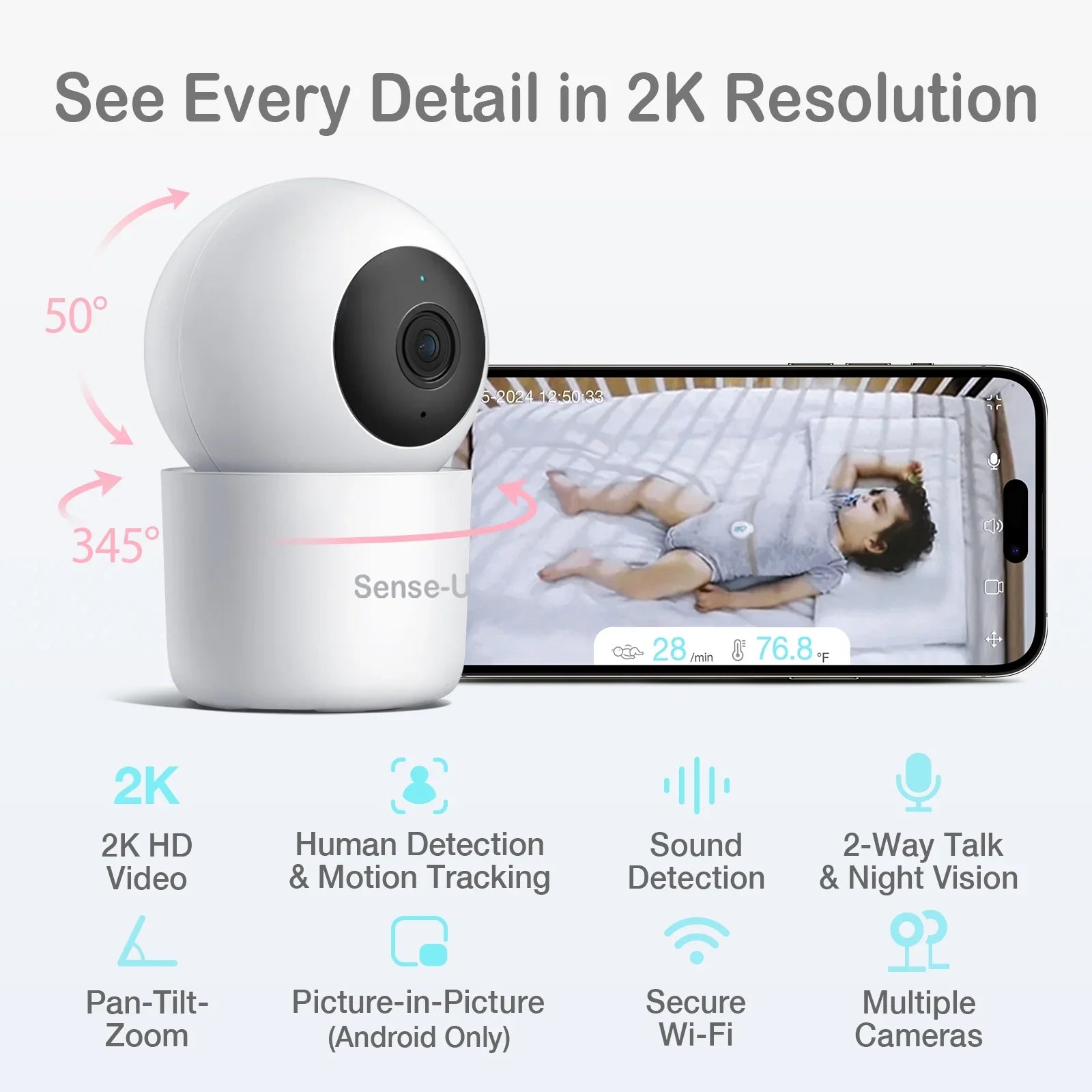 Sense-U Smart 2K Video Baby Monitor(FSA&HSA Eligible) with No Monthly Fee, Pan-Tilt-Zoom, Person/Baby Crying Sound/Motion Detection, 2-Way Talk, Night Vision, Background Audio, Activity Zone