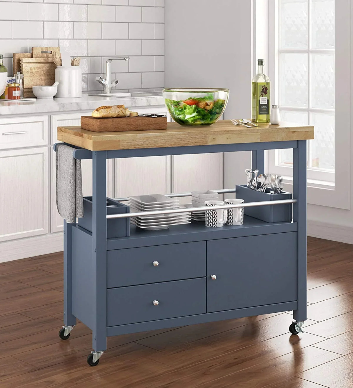 Anson Kitchen Island Bar Cart With Storage, Butcher Block Table, Rolling Wheels And Portable Cabinet Organization For Home Apartment , Gray