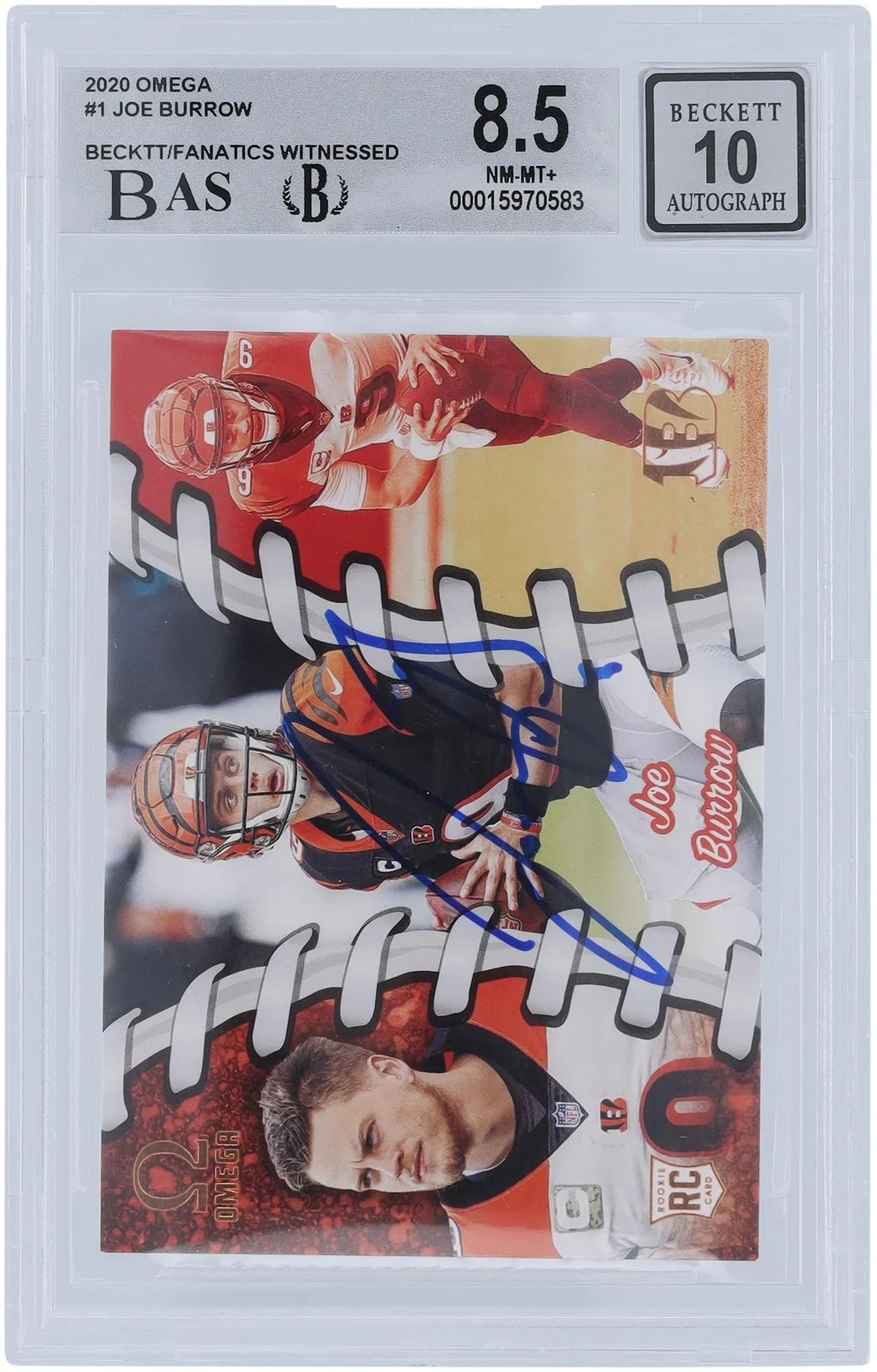 Joe Burrow Cincinnati Bengals Autographed 2020 Panini Omega #0-1 Beckett Fanatics Witnessed Authenticated 8.5/10 Rookie Card - 9.5,8.5,8.5,9.5 Subgrades - Fanatics Authentic Certified