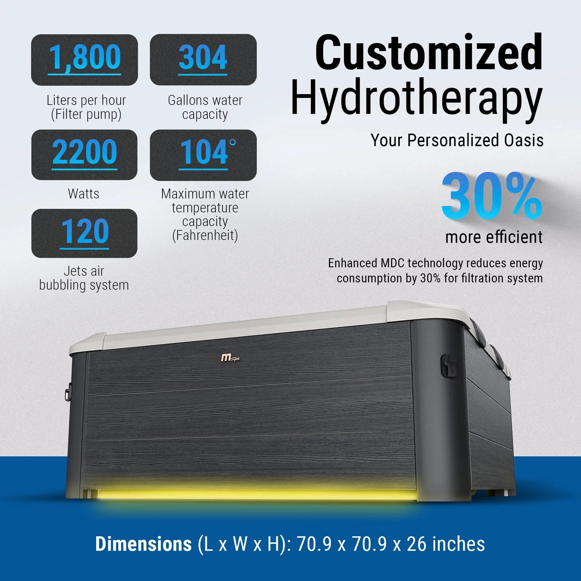 MSpa Oslo 6 Person Squared Hot Tub with Hydro Massage Jets Plus & LED Strip