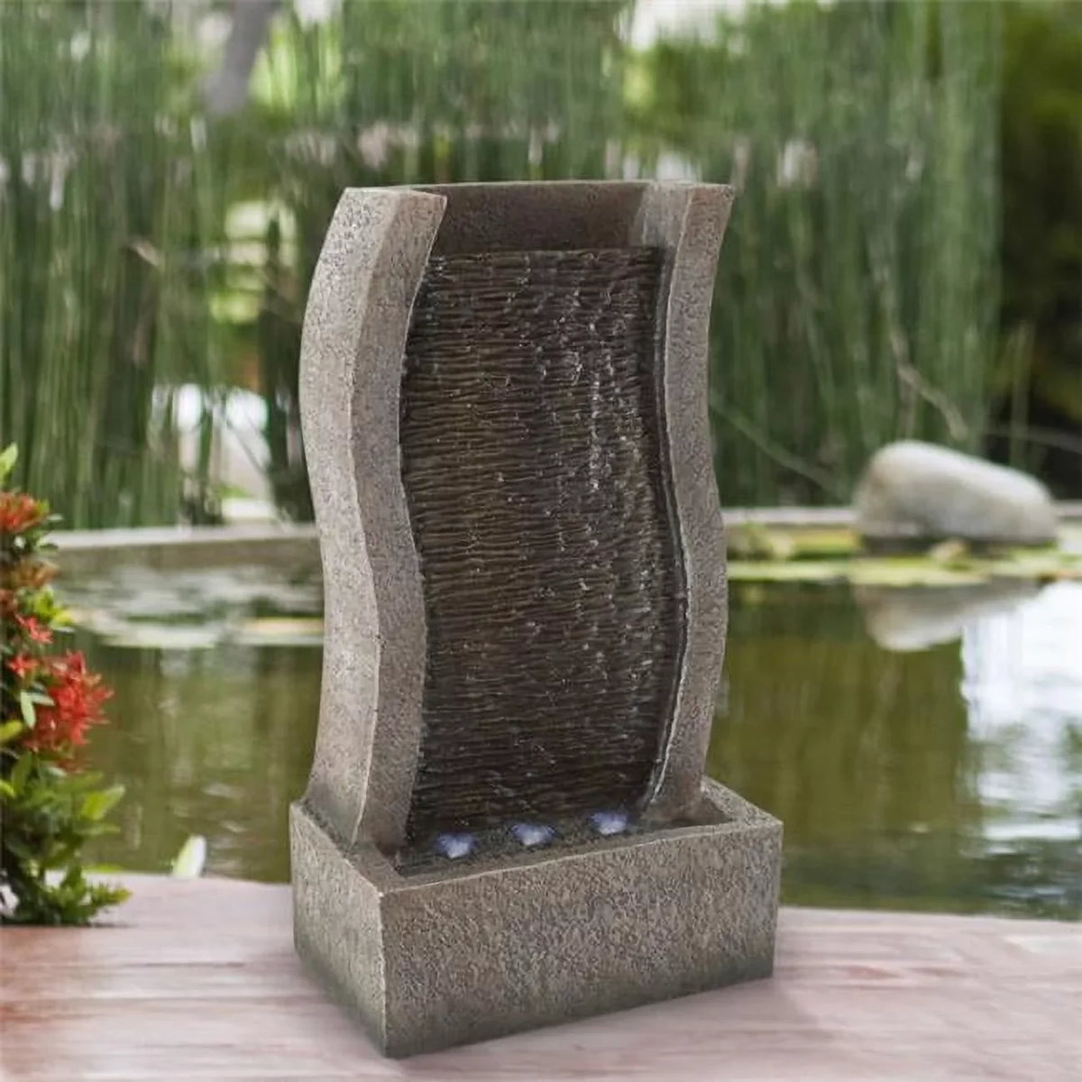 Stone Wall Standing Fountain-Polyresin Waterfall With LED Lights-Outdoor Decorative Water