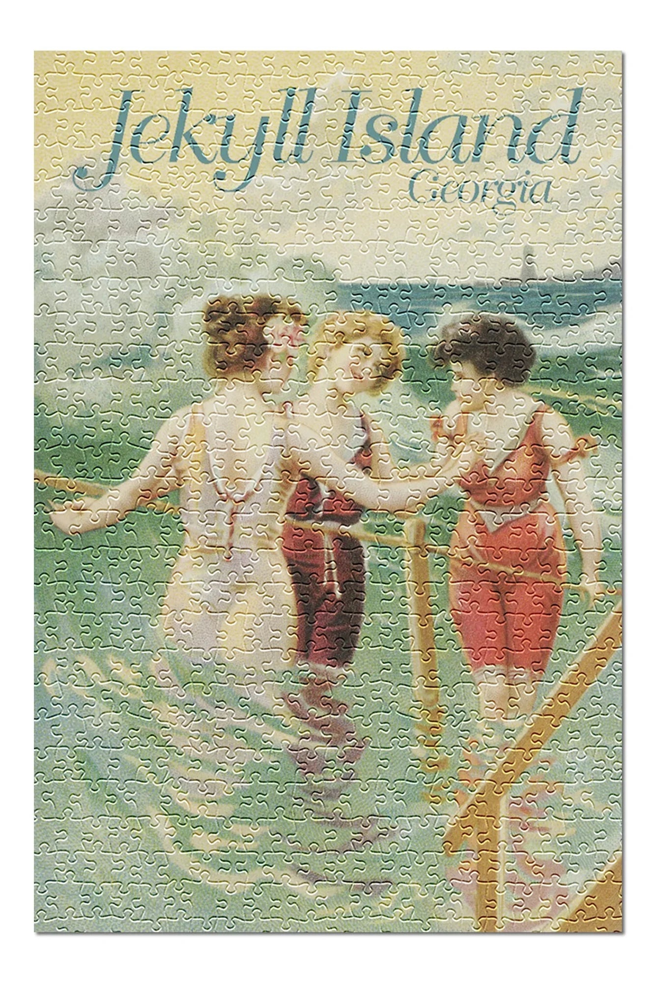 Jekyll Island, Georgia, Women in Wading on Beach, Vintage Poster (19x27 inches, Premium 500 Piece Jigsaw Puzzle for Adults and Family, Made in USA)