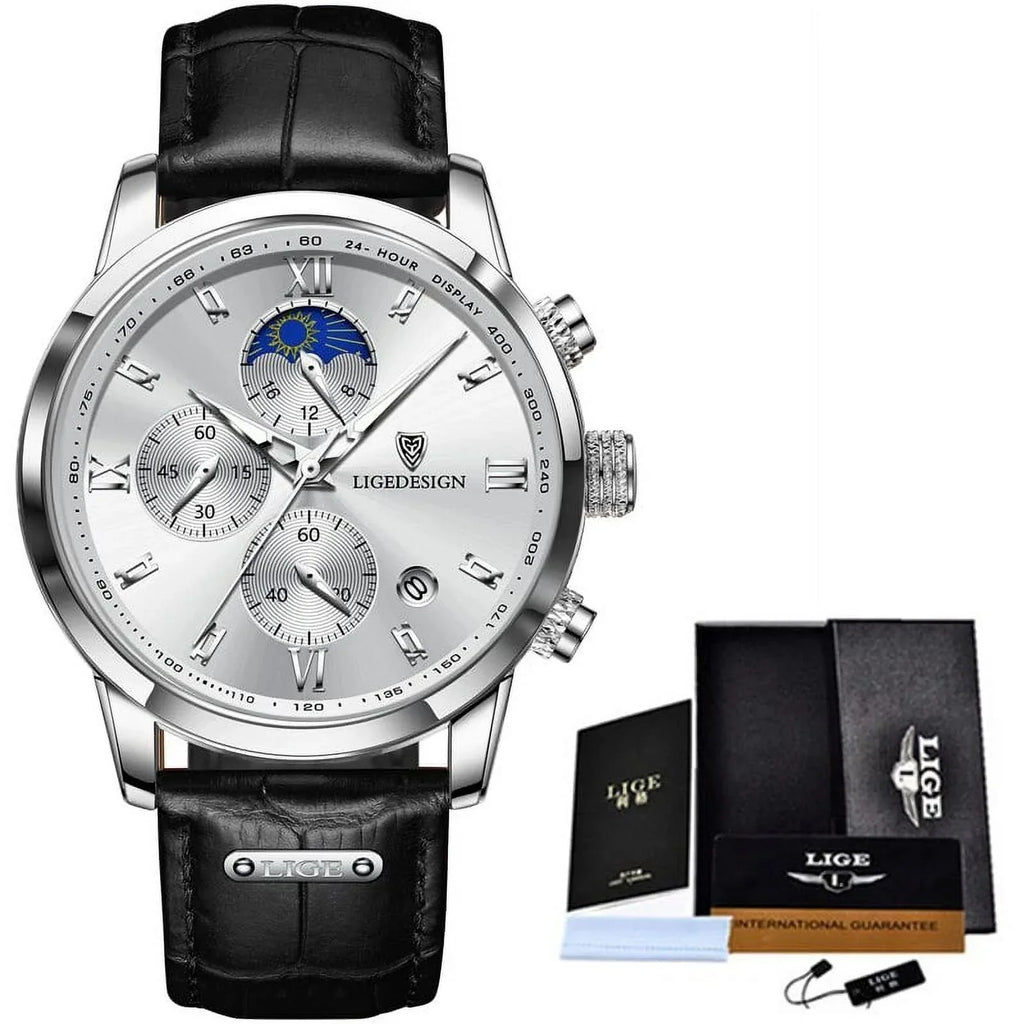 Relogio Masculino Business Mens Watches Brand Luxury Leather Waterproof Sport Quartz Chronograph Military Watch Men Clock Silver White