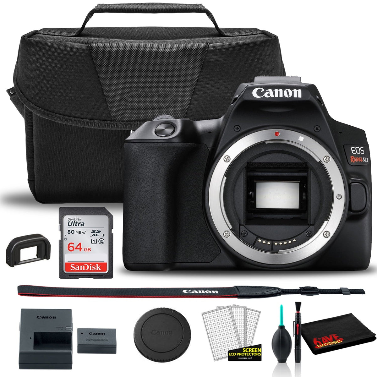 Canon Rebel SL3 DSLR Camera (Body + Canon Bag + Sandisk 64GB Card + Care Kit