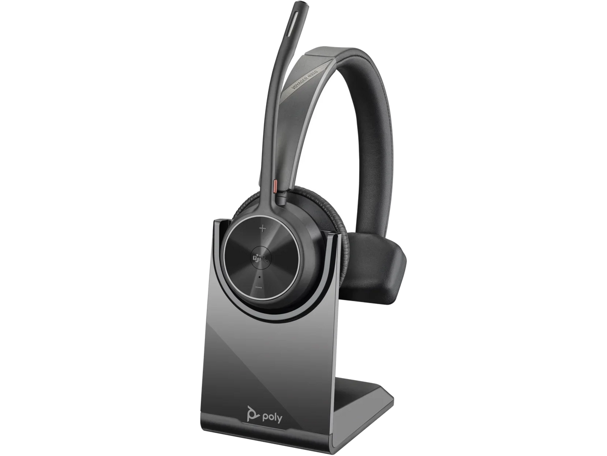 Poly Voyager 4310-M Teams Certified Headset With Charge Stand - Stereo, Mono - Wired/Wireless - Bluetooth - 164 ft - 20 Hz - 20 kHz - Over-the-head - Binaural - Ear-cup - 4.92 ft Cable - ...