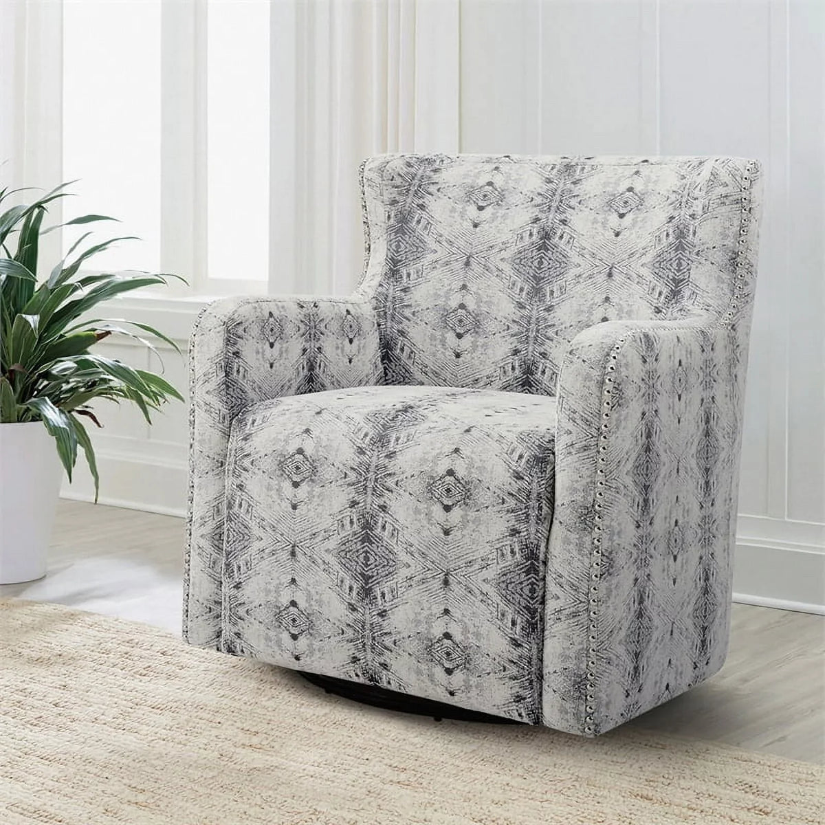 Lexicon Lonita 30" Contemporary Chenille Geometric Swivel Chair in Off White