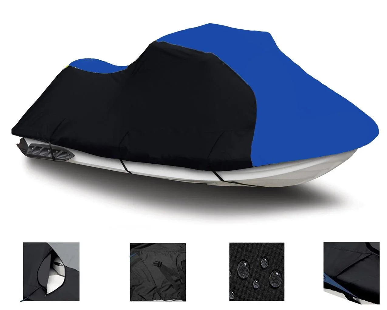 BLACK / BLUE HEAVY-DUTY, 600 DENIER Cover Compatible for Kawasaki Ultra LX 2007 2008 2009 2010 2011 2012 2013 2014 2015 2016 2017 2018 2019 2020 2021 2022 Jet Ski PWC Watercraft Cover